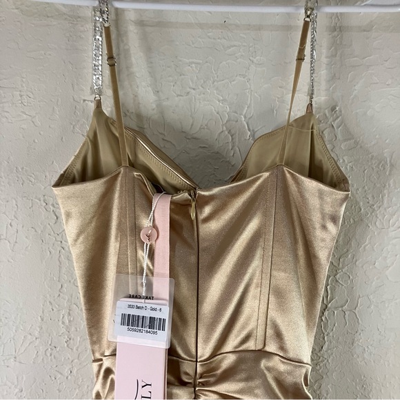 Oh Polly Embellish The Moment Ruched Satin Metallic Knee Length Dress in Gold - Picture 11 of 15